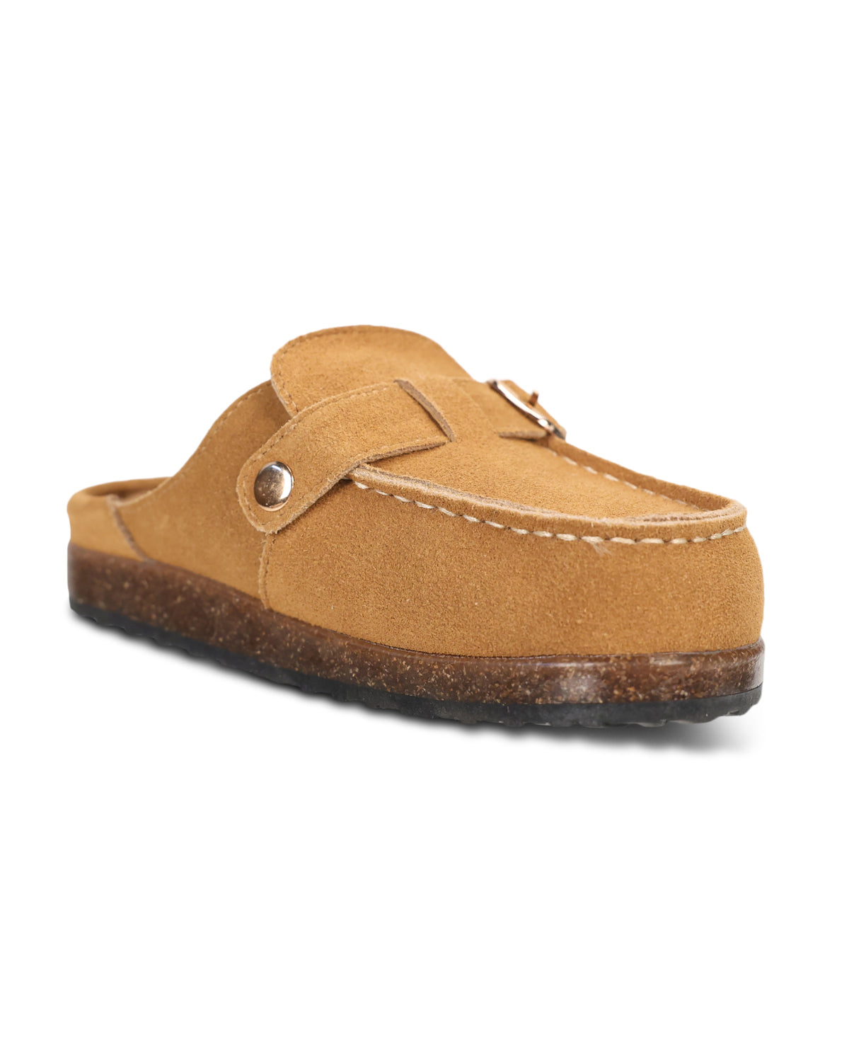 A tan suede mule clog shoe with a brown cork-look midsole and a small silver metal snap detail on the strap, shown from a three-quarters angle on a white background.