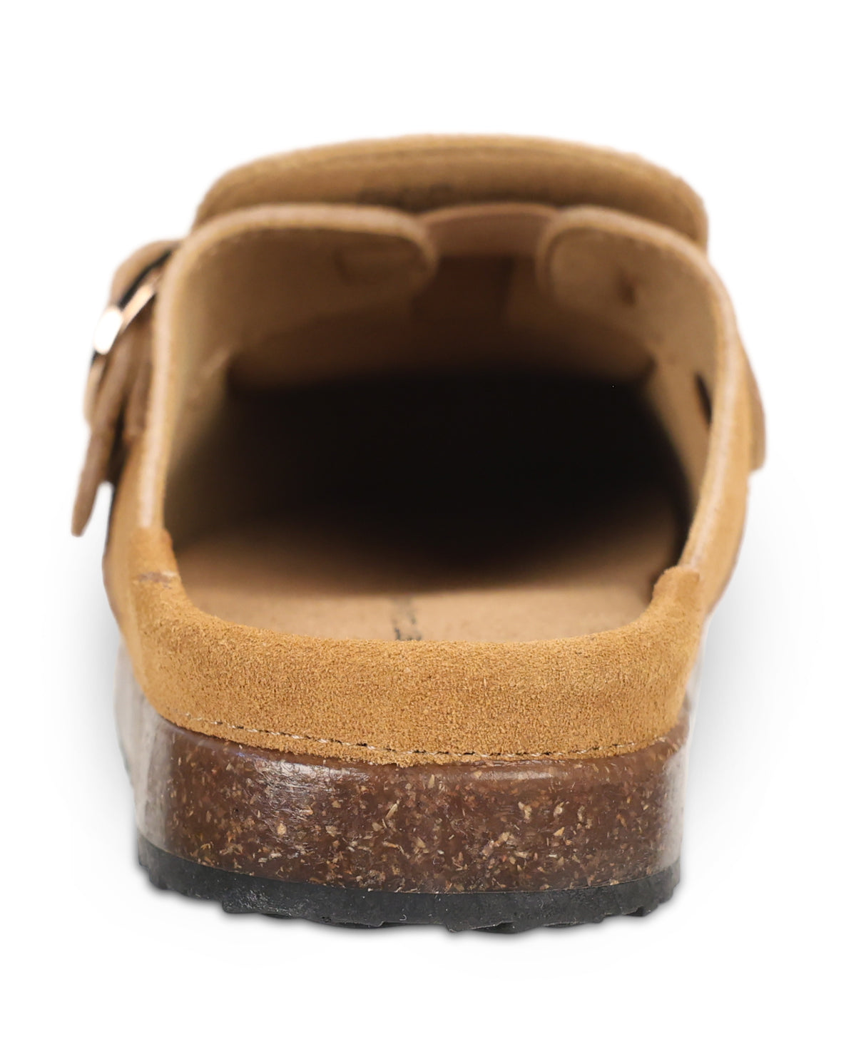 A close-up rear view of a tan suede clog shoe with a brown cork-textured midsole and a small silver buckle, shown on a white background.