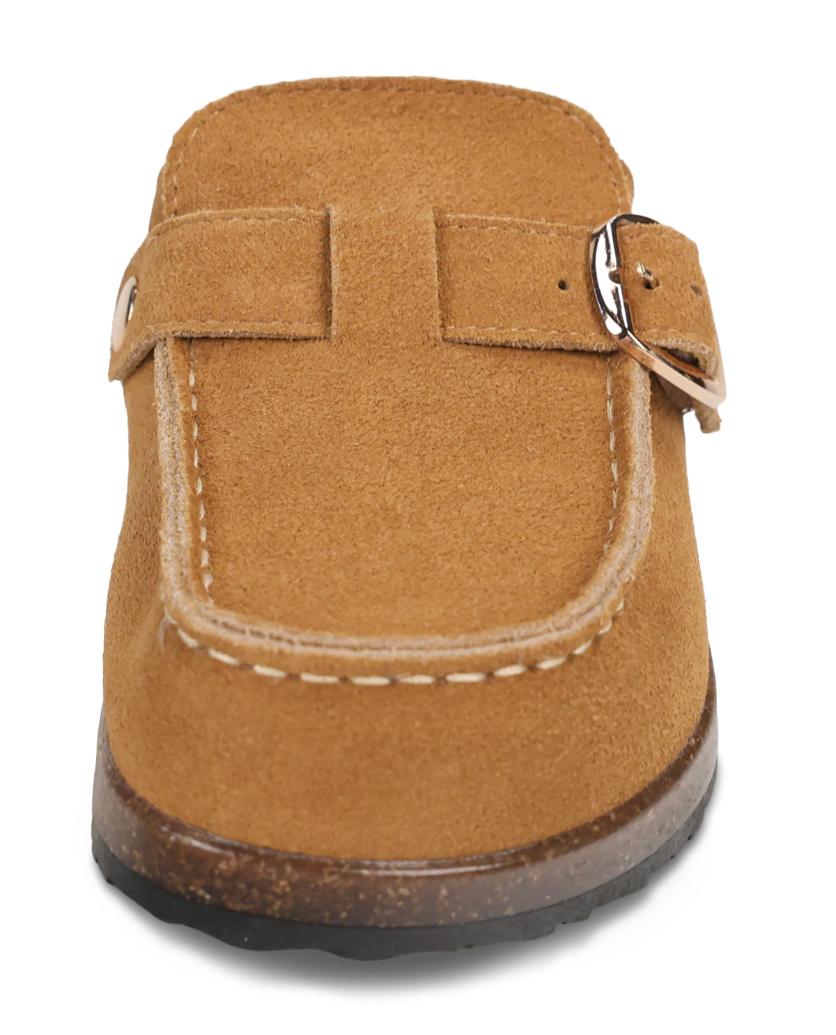 A tan suede mule shoe with a decorative strap and silver buckle, shown from a front-facing perspective on a white background.