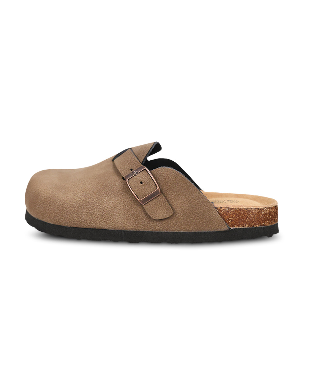A single tan suede clog-style mule shoe with a black sole, a cork midsole section, and a single brown buckle strap across the top, shown from a side profile on a white background.