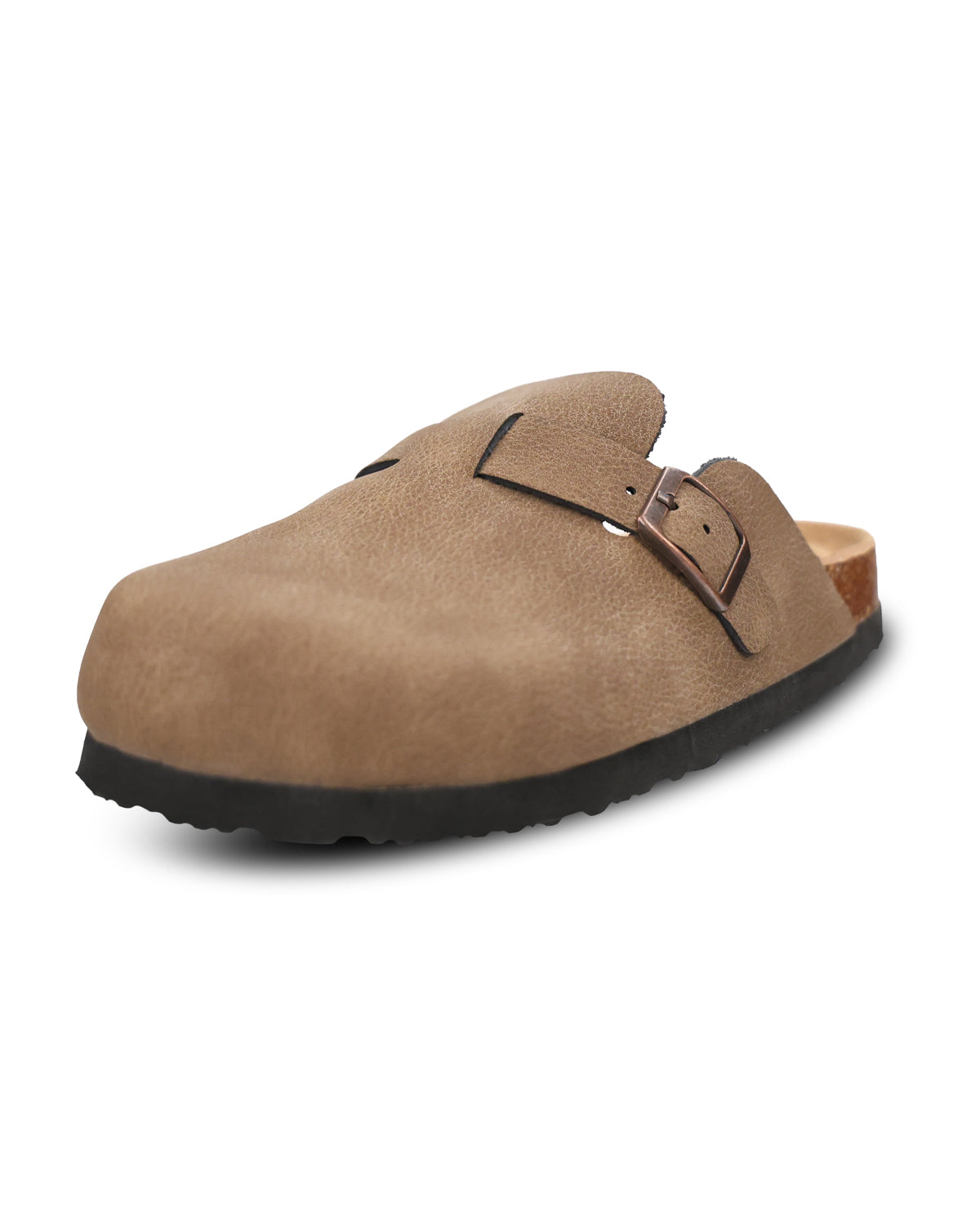 A tan suede clog-style mule shoe with a black sole and a brown buckle strap, shown from a three-quarters angle on a white background.