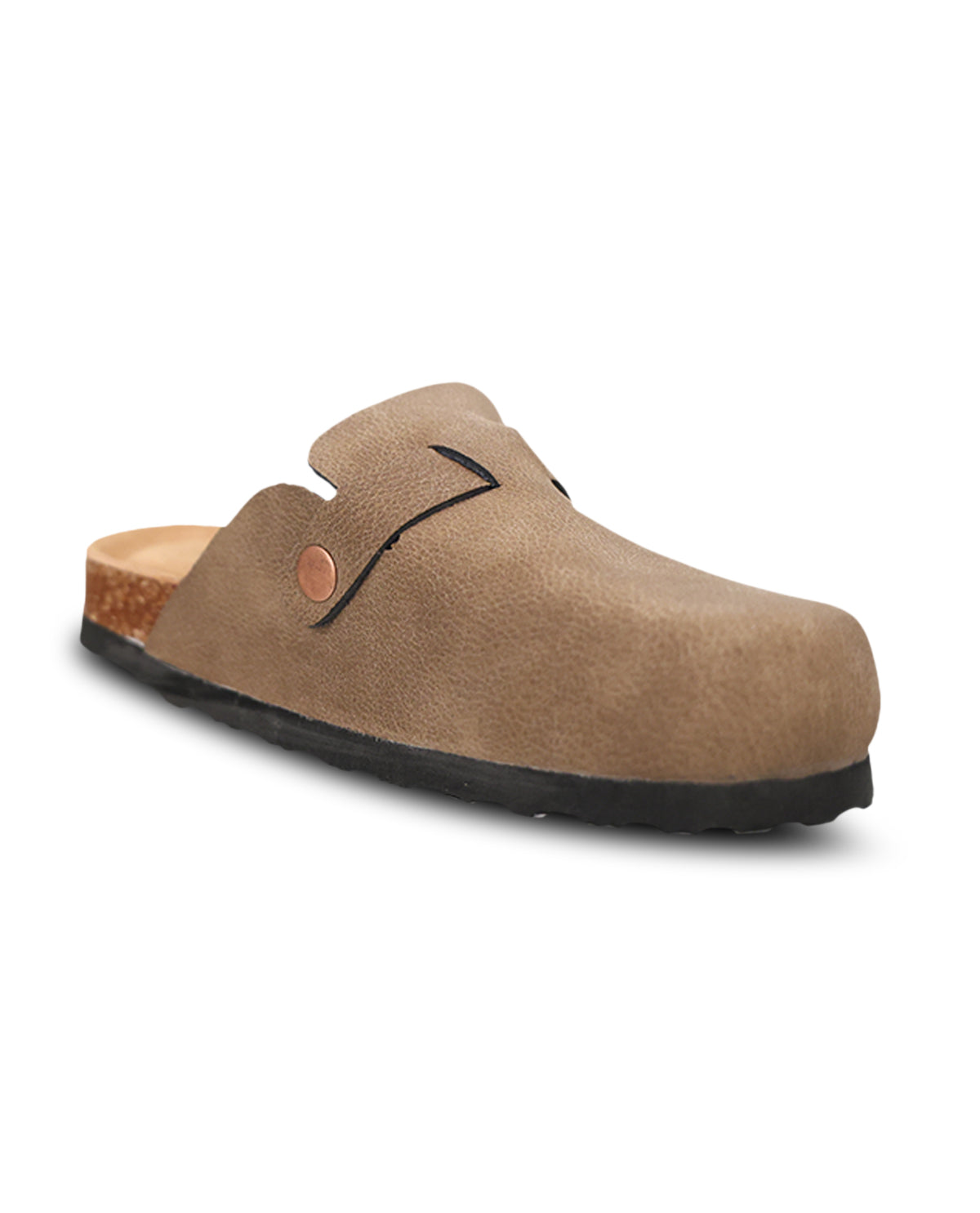 A single tan suede clog-style mule shoe with a black sole, black stitched detail, and a small round metallic accent on the side, shown against a plain white background.