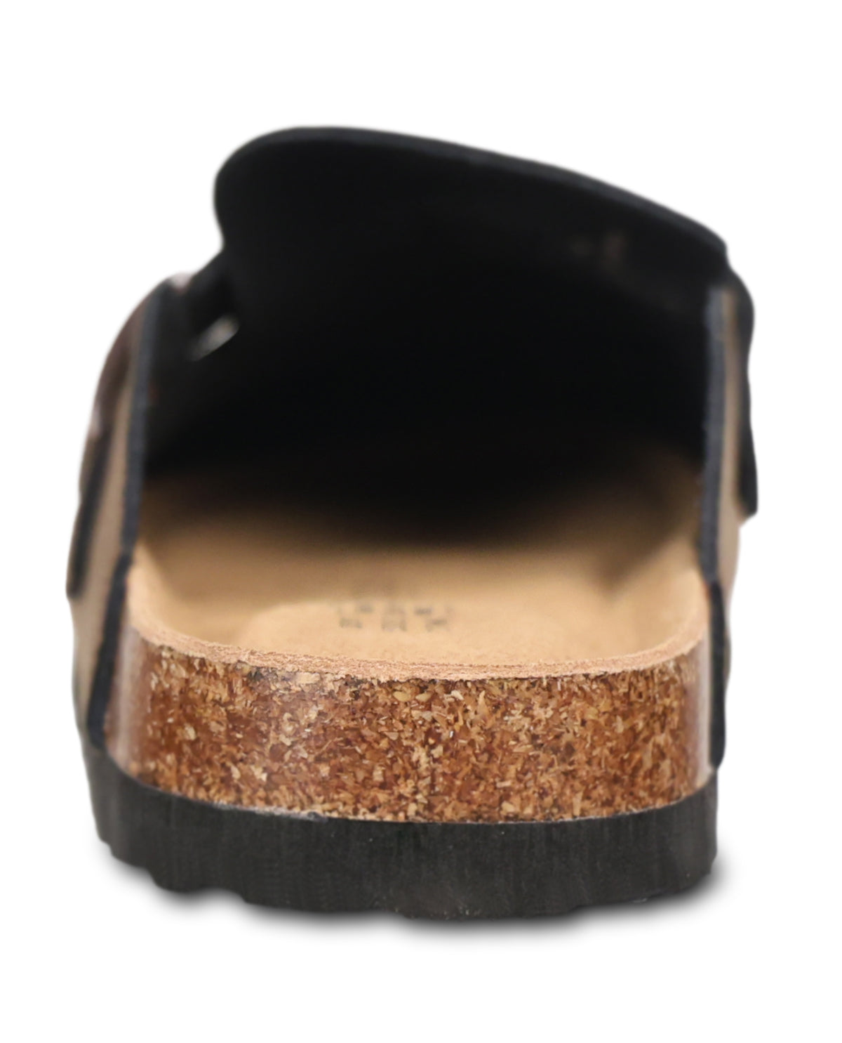 A single black clog-style shoe shown from a rear three-quarter view, featuring a tan cork-look midsole and a black outsole, on a plain white background.