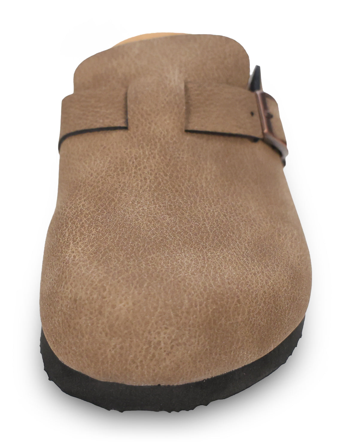 A tan leather clog shoe with a black sole and a dark brown buckle, shown from a front-facing perspective on a white background.