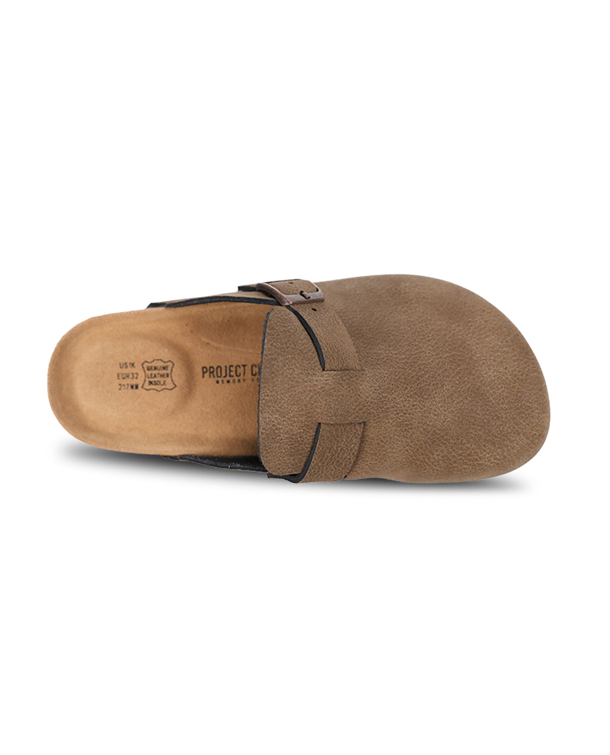 A single brown suede slide sandal with a dark brown strap and a tan insole, shown from a side profile view on a white background.