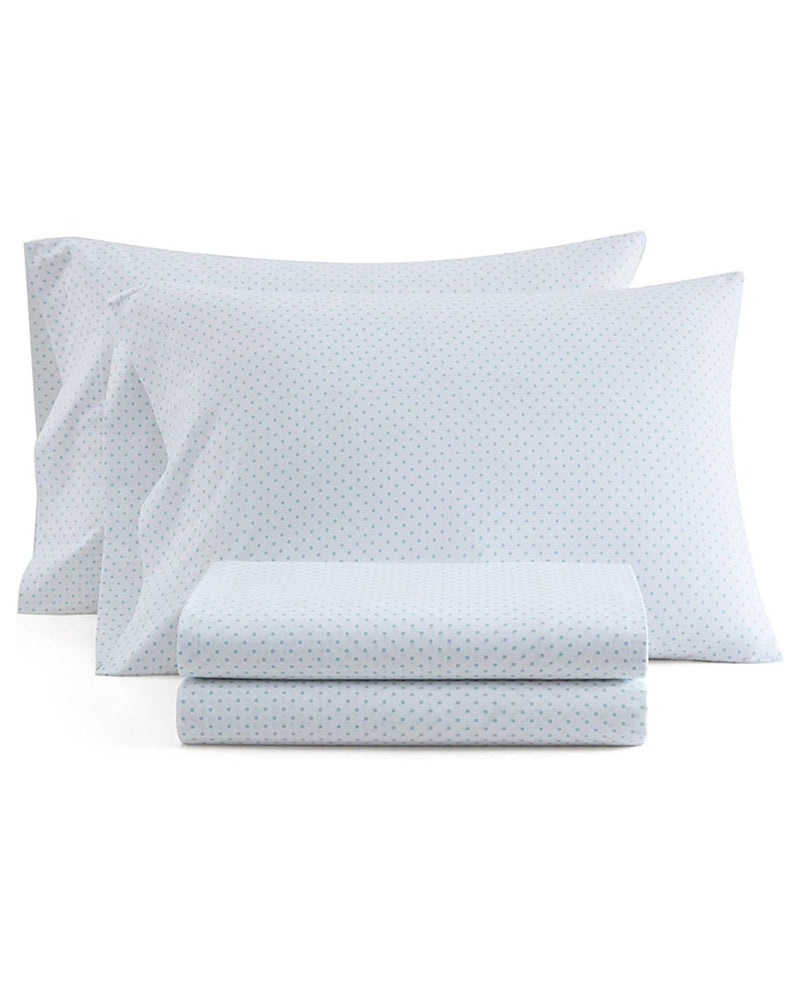 Two white pillowcases with a small blue geometric pattern, shown with a matching folded sheet on a solid white background.