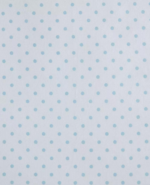 A close-up of a fabric or wallpaper pattern featuring small, evenly spaced light blue polka dots on a white background.