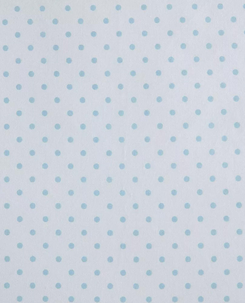 A close-up of a fabric or wallpaper pattern featuring small, evenly spaced light blue polka dots on a white background.