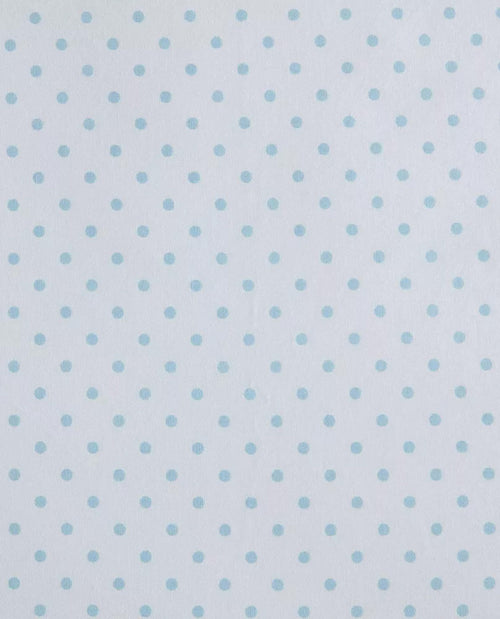 A close-up of a fabric or wallpaper pattern featuring small, evenly spaced light blue polka dots on a white background.