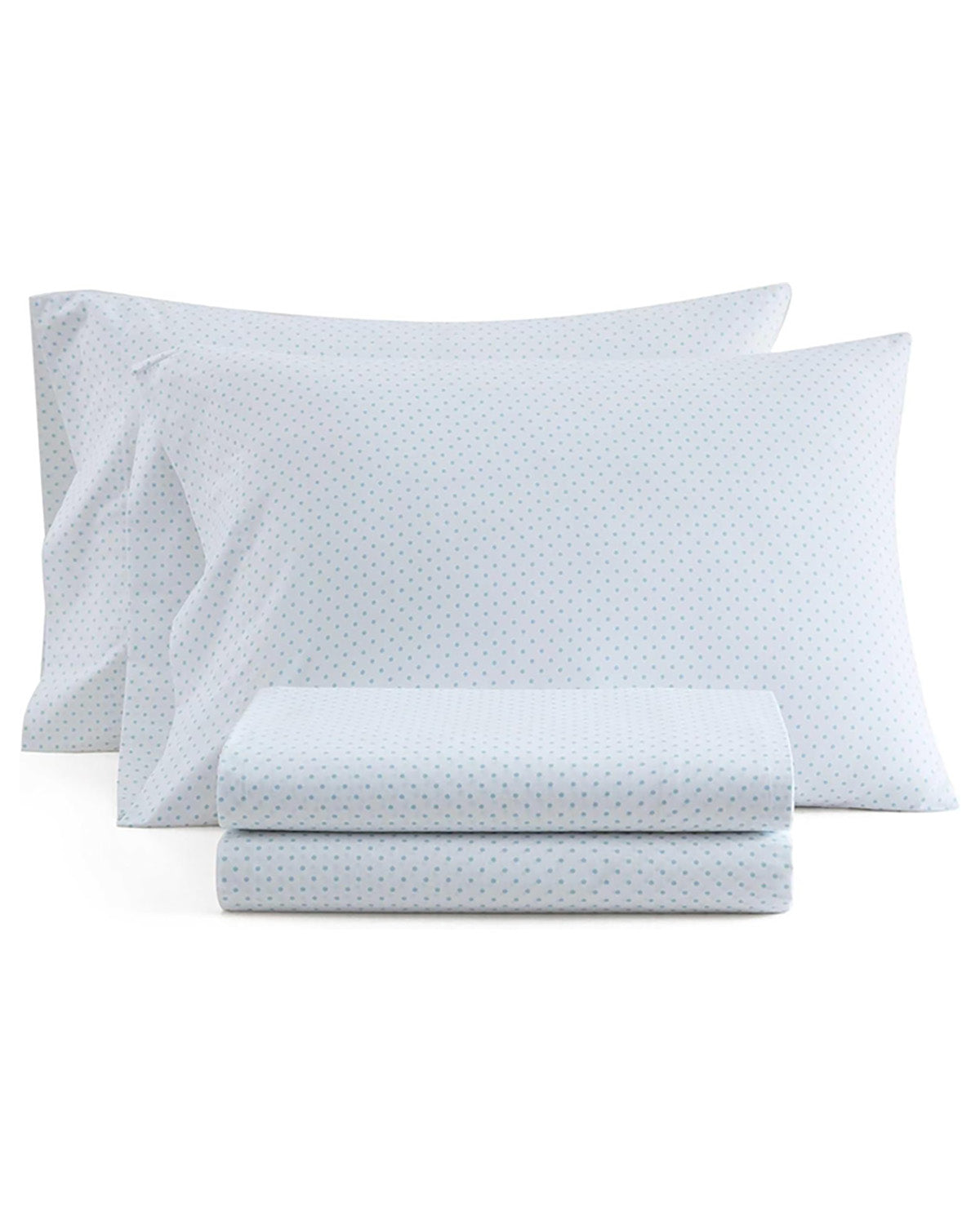 Two white pillowcases with a small blue geometric pattern, shown with a matching folded sheet on a solid white background.