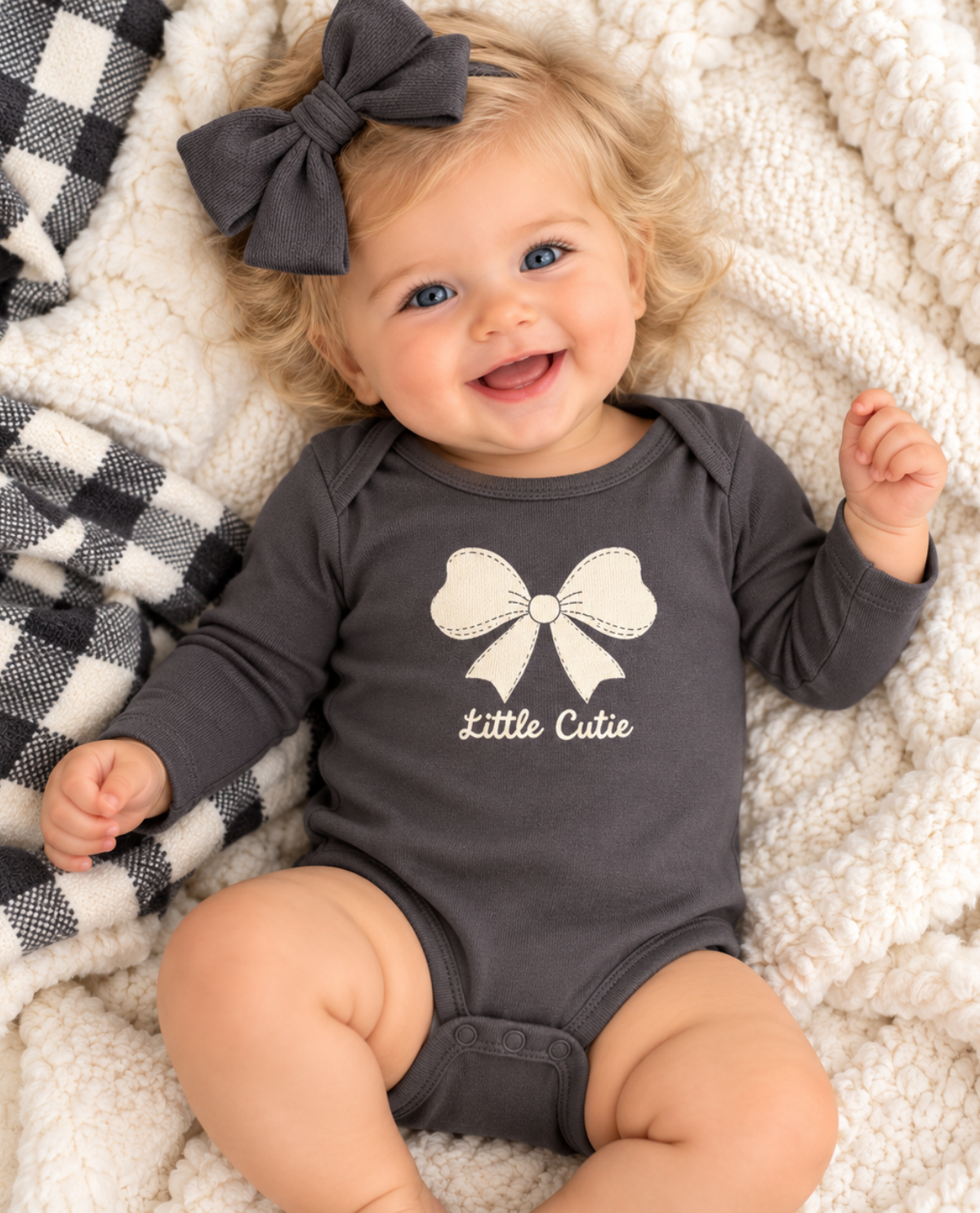A smiling baby girl lying on a white textured blanket, wearing a dark gray long-sleeve bodysuit with a cream bow graphic and the text 'Little Cute' on the front, along with a matching dark gray bow headband.