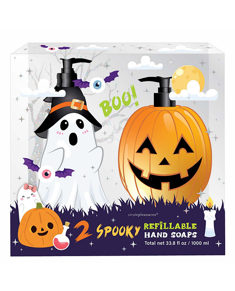 A boxed set of two Halloween-themed refillable hand soaps by SmoovePleasures, featuring a ghost and a jack-o'-lantern on the front of the packaging.