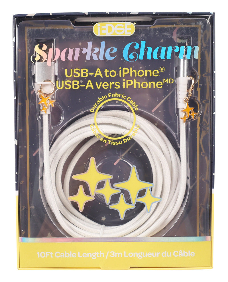 A packaged USB-A to iPhone cable in retail packaging. The cable is white and coiled inside a clear plastic blister pack with a dark printed backing card featuring the brand name 'IDEA8' and the product name 'Sparkle Charm' in stylized text.