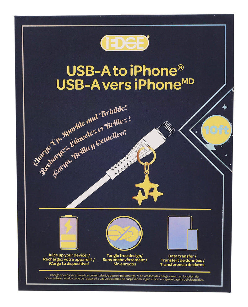 A dark navy blue product card for an EDGE USB-A to iPhone cable, featuring a white cable with a gold keychain and star charm, along with product icons and text in multiple languages.