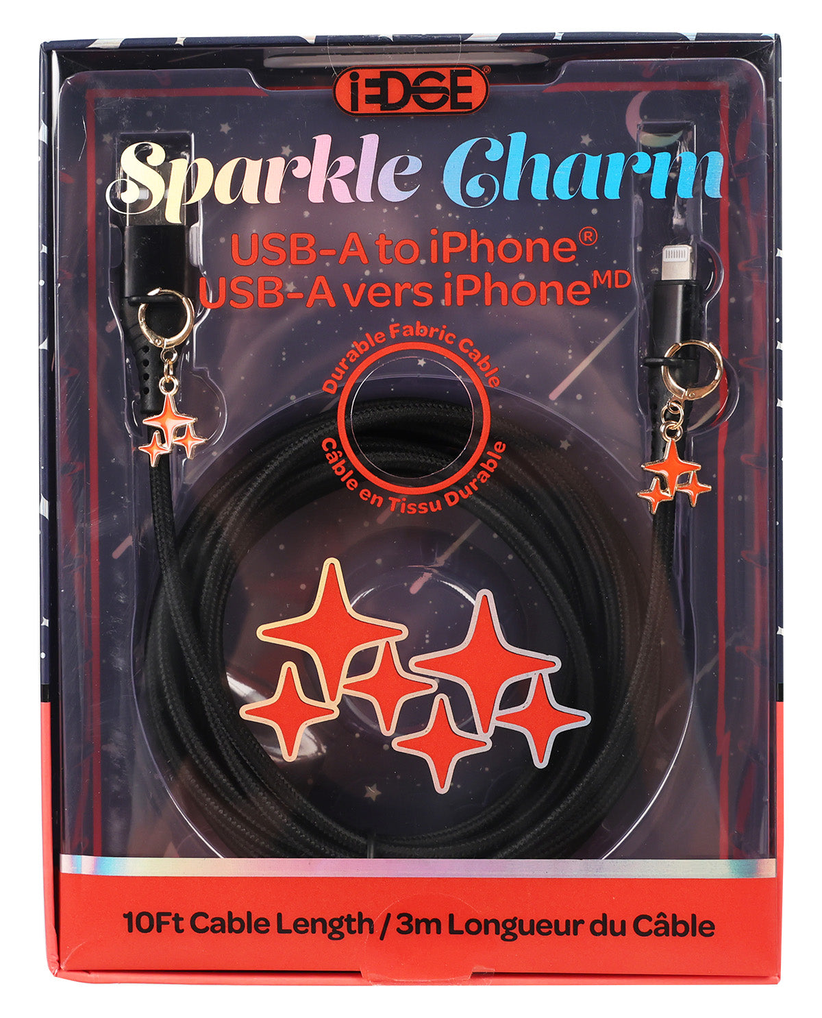 EDGE Sparkle Charm USB-A to iPhone cable in retail packaging, featuring a coiled black cable with two orange star-shaped charms on a clear blister pack with red and white text.