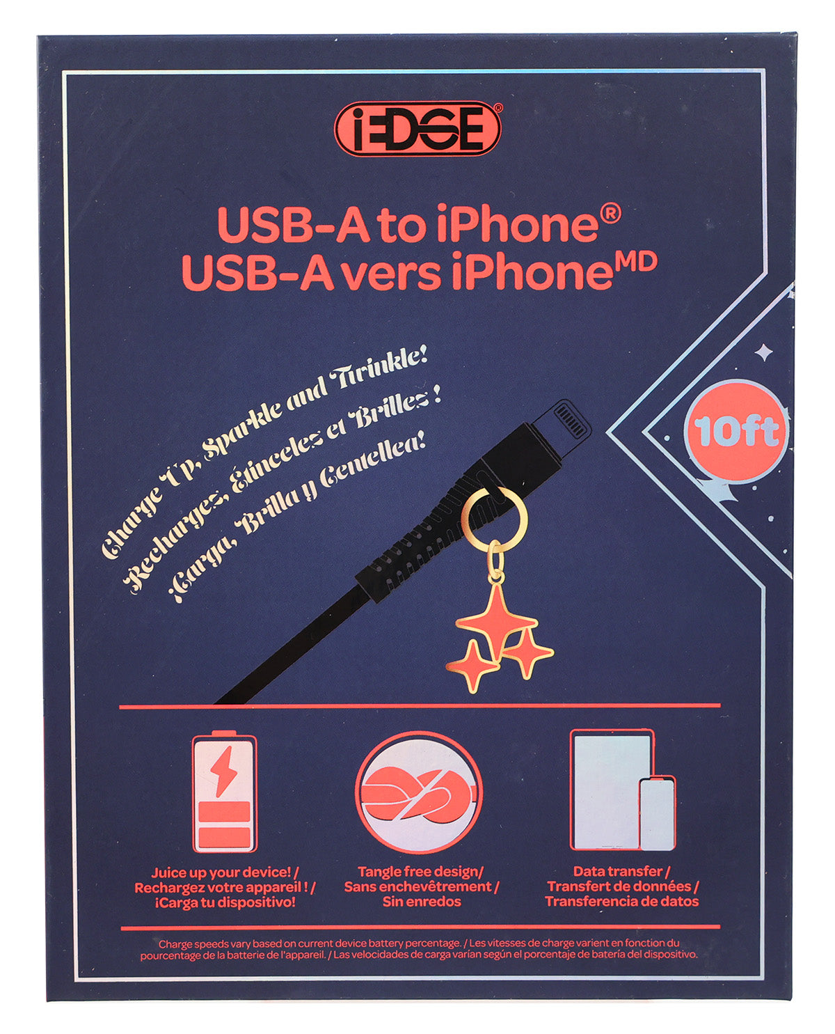 EDGE brand USB-A to iPhone 10ft charging cable packaging card. The packaging features a dark navy blue background with red and white text, showing a black cable with a gold keychain connector and a small orange star-shaped charm.