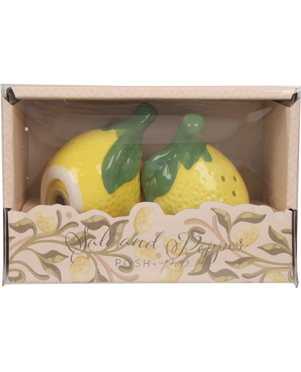 A pair of yellow lemon-shaped salt and pepper shakers in their original retail packaging. The shakers feature green leafy tops and are displayed inside a clear-fronted box with a decorative beige floral border and the text 'Salt and Pepper PUSH'.