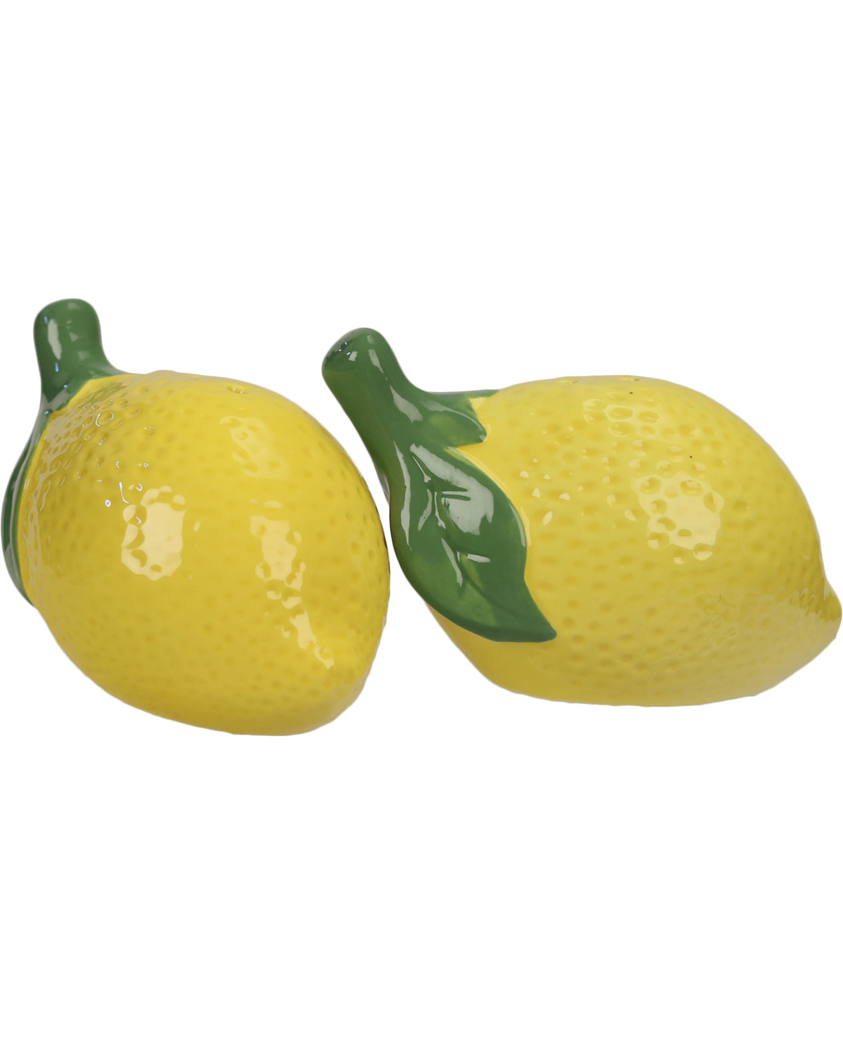 Two yellow lemon-shaped ceramic containers with green stems and leaves, shown on a plain white background.