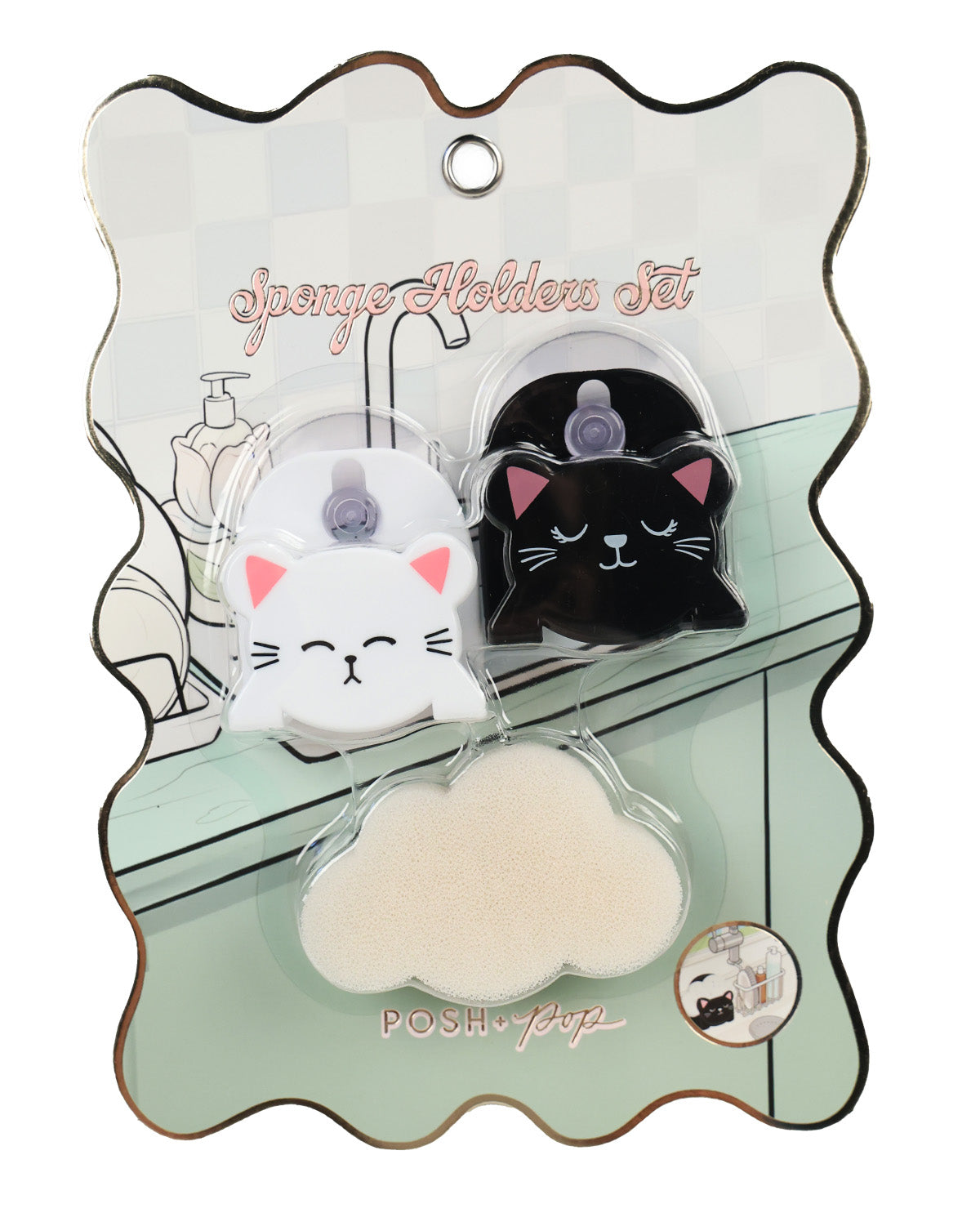 A POSH Pop Sponge Holder Set in its original packaging, featuring two cat-shaped sponge holders (one white with pink ears, one black with pink ears) and a cloud-shaped beige sponge on a decorative card.