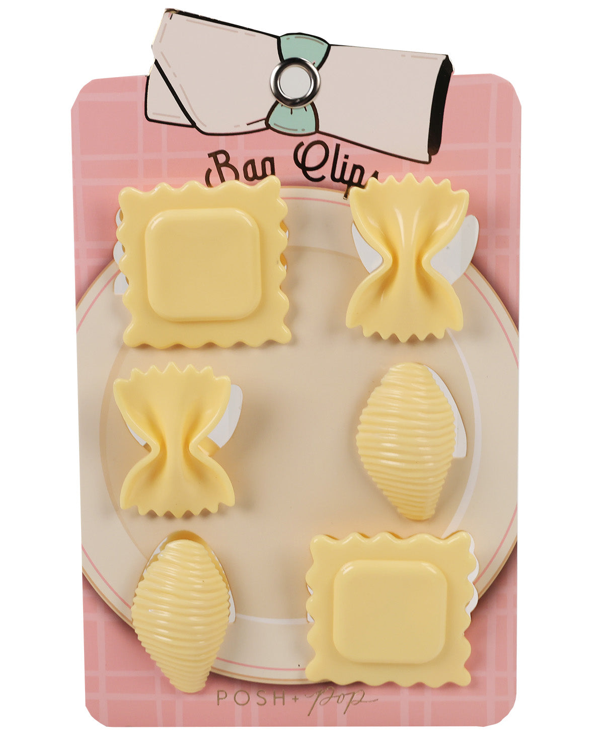 A set of six pasta-shaped wall hooks in pastel yellow, displayed on a pink and beige decorative backing card with a bow illustration. The hooks include various pasta shapes like penne, fusilli, and conchiglie.