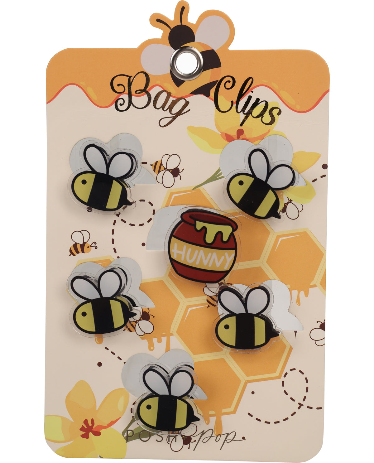 Five bee-shaped bag clips attached to a honey-themed display card. The card features illustrations of honeycombs, honey pots, bees, and flowers, with the text 'Bag Clips' at the top and a 'Posh Pop' logo at the bottom.