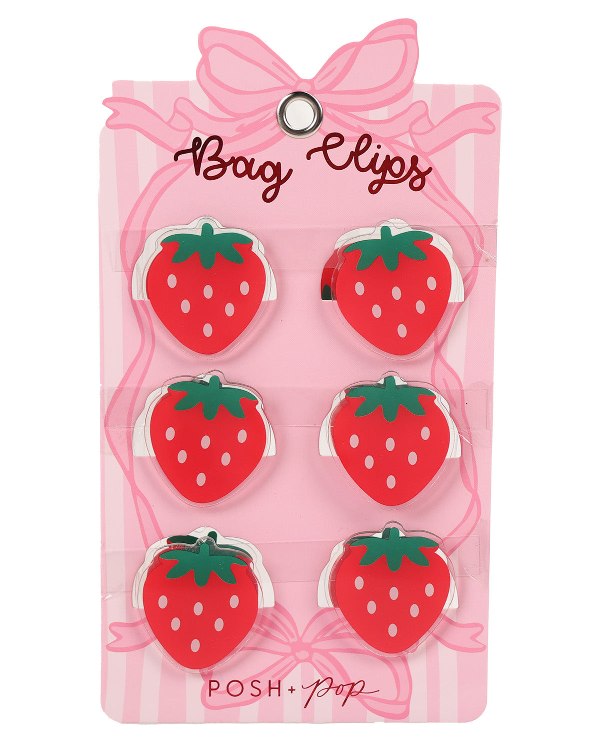 Six strawberry-shaped bag clips on a pink striped display card with a bow graphic. The card reads 'Bug Clips' at the top and 'POSH Pop' at the bottom.