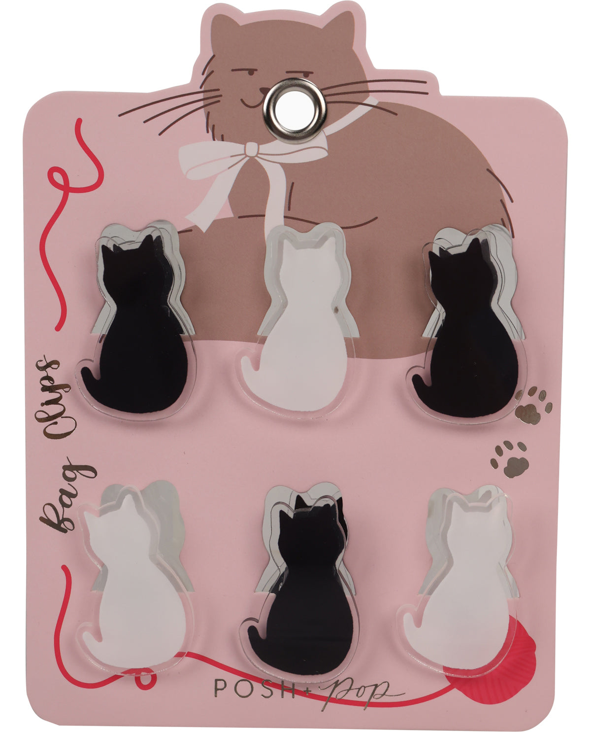 Six cat-shaped bag clips in black and white, mounted on a pink display card featuring a large brown cat illustration and the text 'Bag Clips' and 'POSH POP'.
