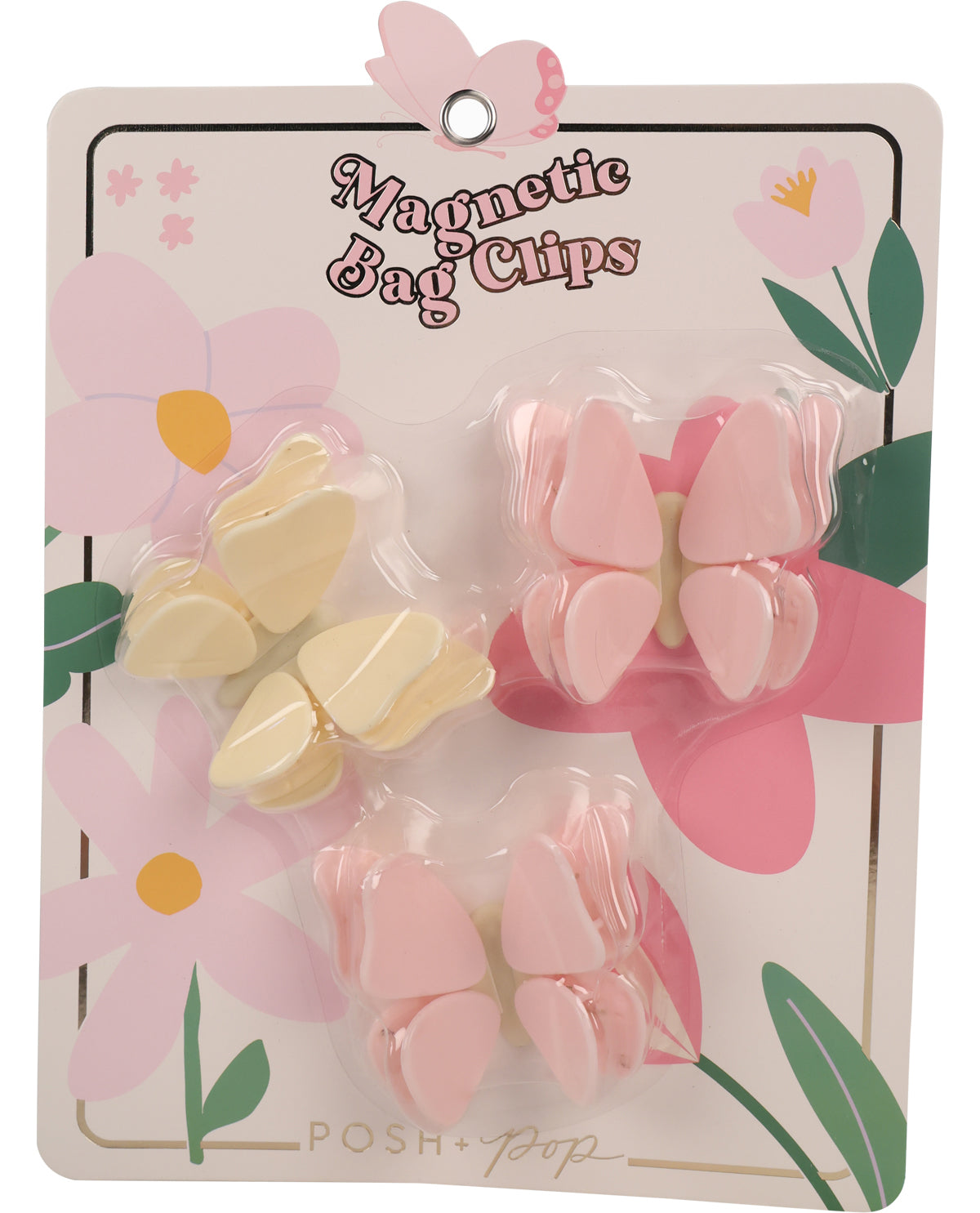 A package of four butterfly-shaped magnetic bag clips on a decorative backing card. The set includes two pale pink clips and two pale yellow clips, all in clear plastic bubble packaging.