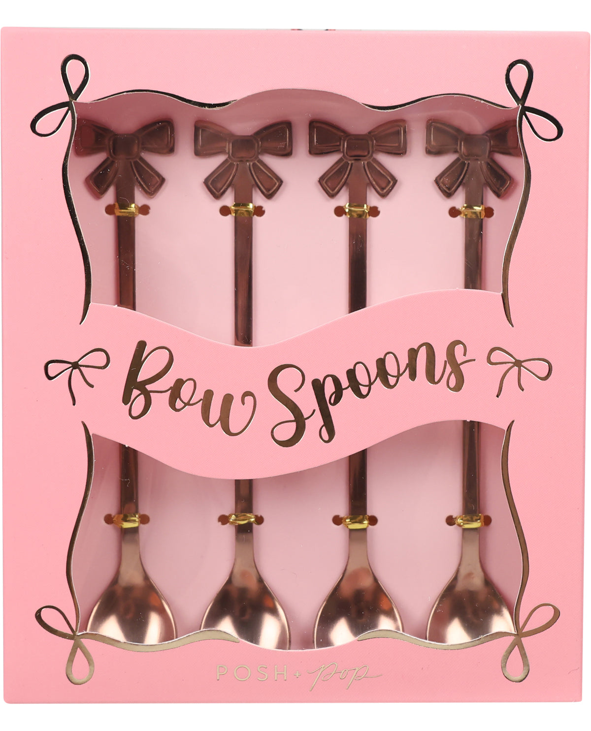 A boxed set of four metallic bow spoons displayed in a pink retail package with a pink label reading 'Bow Spoons.' No person, animal, or real environment is present, so this is Product/Packaging.