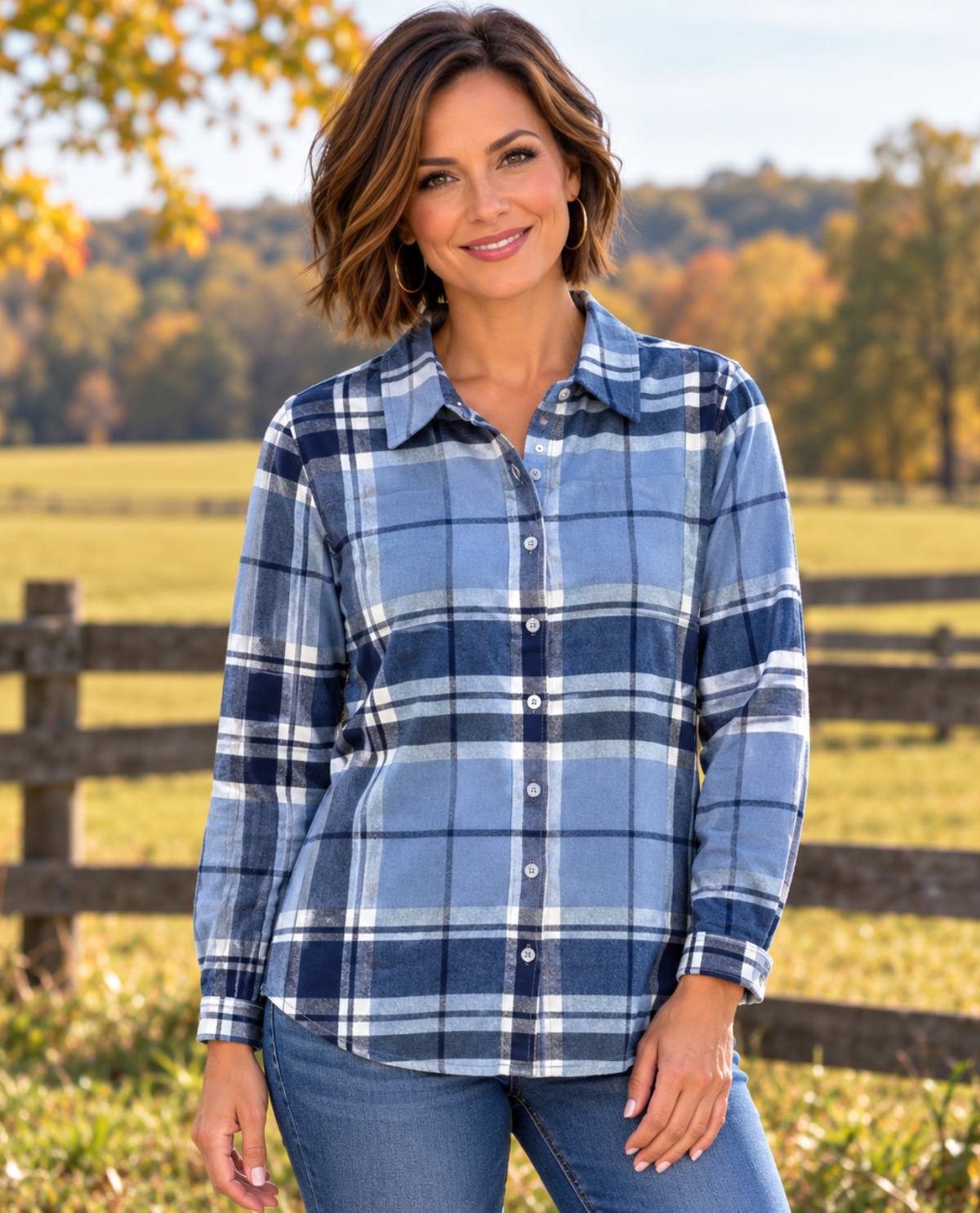 A woman wearing a blue and navy plaid button-down shirt with white stripes, paired with blue jeans, standing outdoors in front of a wooden fence and autumn trees.
