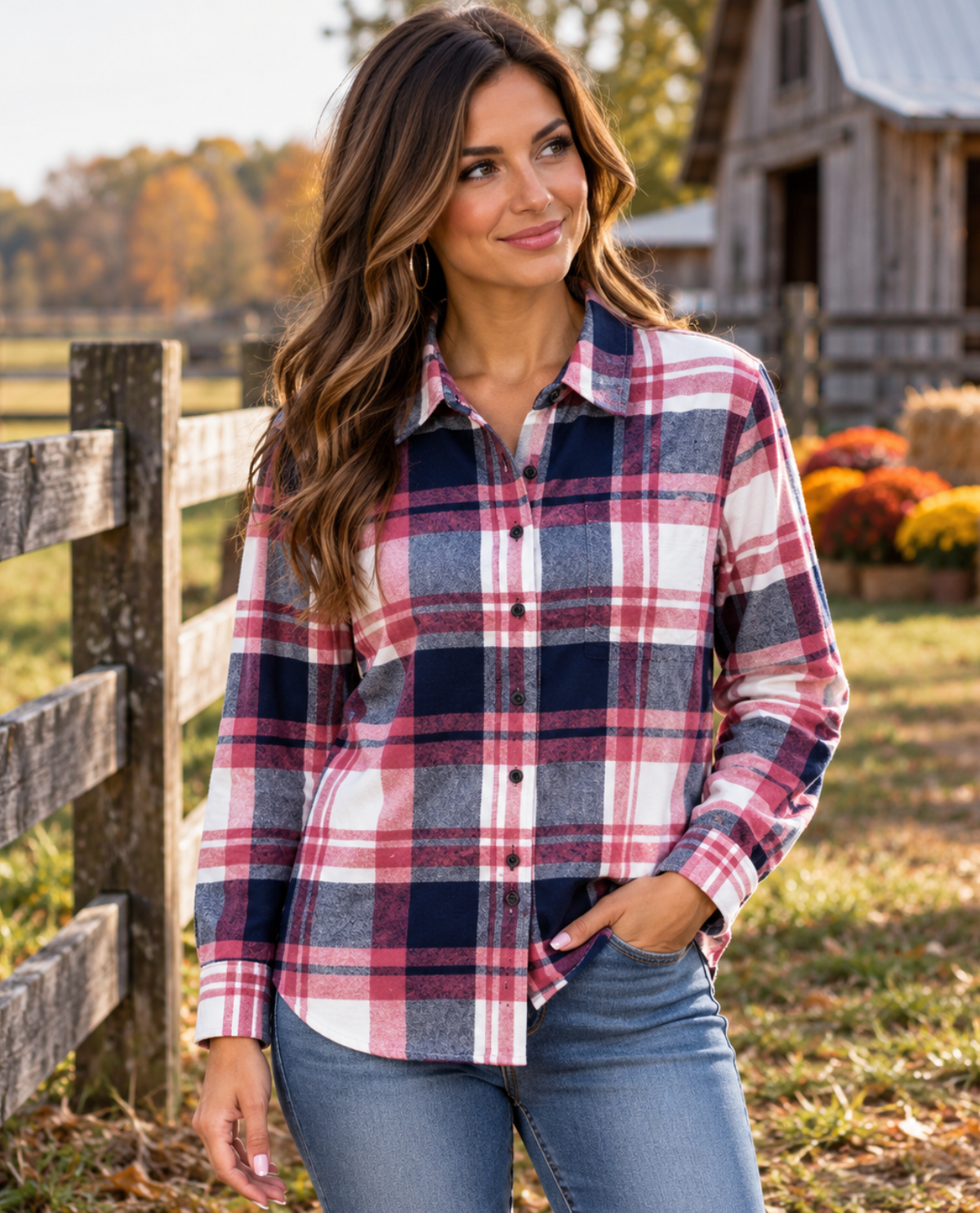 A woman wearing a red, navy, and white plaid button-up flannel shirt and blue jeans, standing outdoors in front of a wooden fence and a rustic barn.