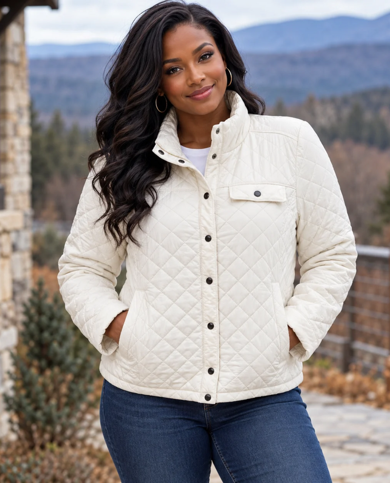 A woman wearing a cream-colored quilted jacket with a button-down front and a stand-up collar, paired with dark blue jeans, set against a scenic outdoor background of mountains and trees.