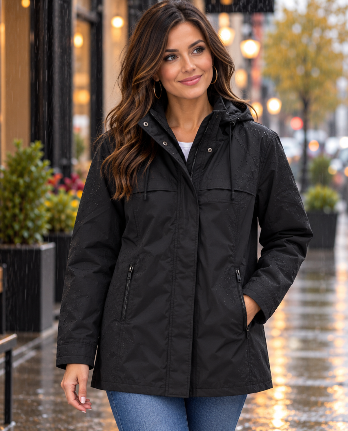 A woman wearing a black hooded rain jacket stands on a wet city sidewalk in the rain, with blurred storefront lights and plants in the background.