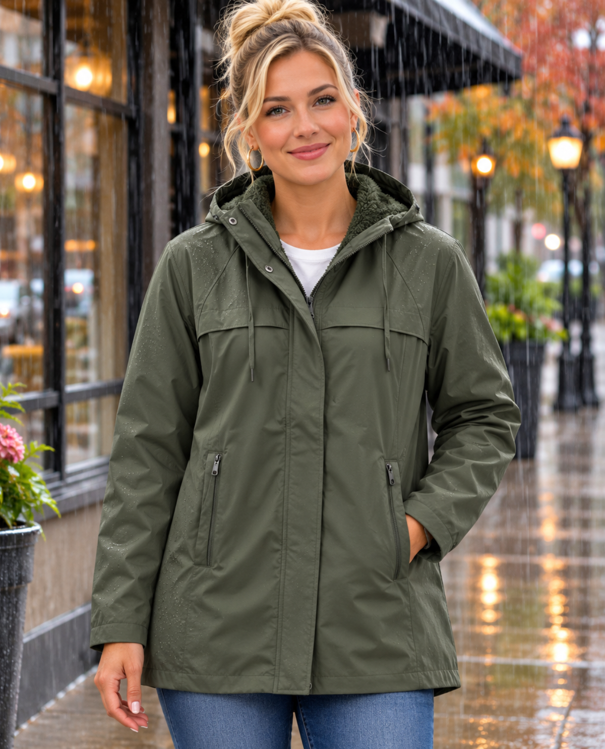 A woman wearing an olive green hooded rain jacket stands on a wet city sidewalk in the rain, with storefronts and streetlights blurred in the background.