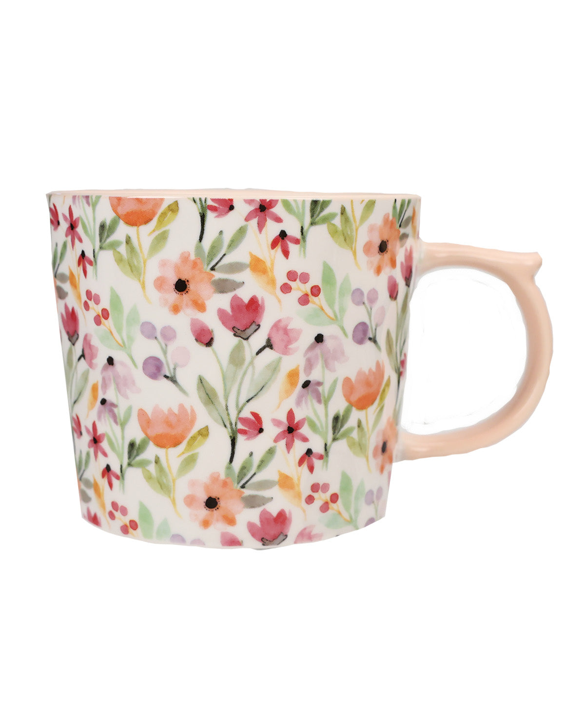 A ceramic mug with a delicate watercolor floral pattern featuring pink, orange, and purple flowers with green leaves on a white background, complete with a light peach-pink handle.