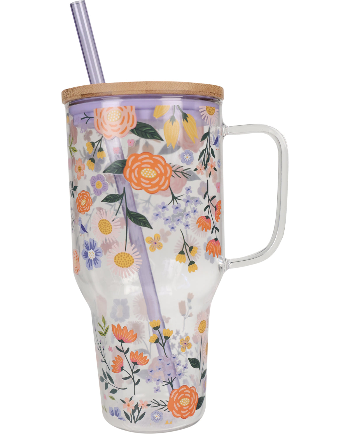A clear glass tumbler with a floral print, a bamboo lid, and a translucent purple straw, shown on a white background.