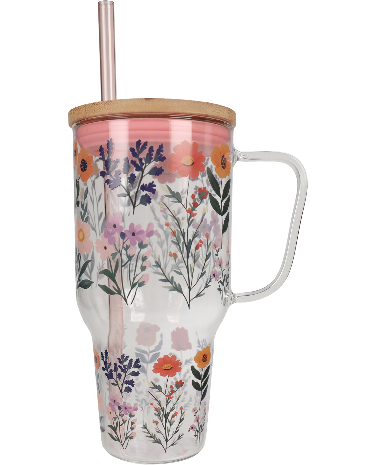 A clear glass handled tumbler with a bamboo lid and a pink-tinted straw, decorated with a colorful wildflower pattern. The tumbler is shown on a solid white background.