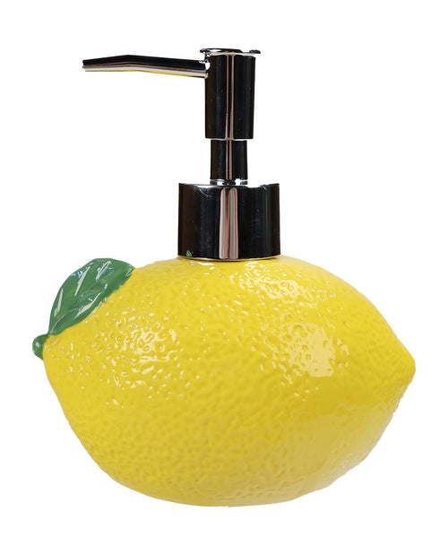 A novelty soap dispenser shaped like a bright yellow lemon with a textured surface, a green leaf detail, and a shiny black pump dispenser on a plain white background.