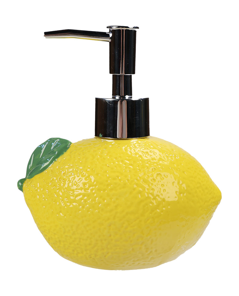A novelty soap dispenser shaped like a bright yellow lemon with a textured surface, a green leaf detail, and a shiny black pump dispenser on a plain white background.