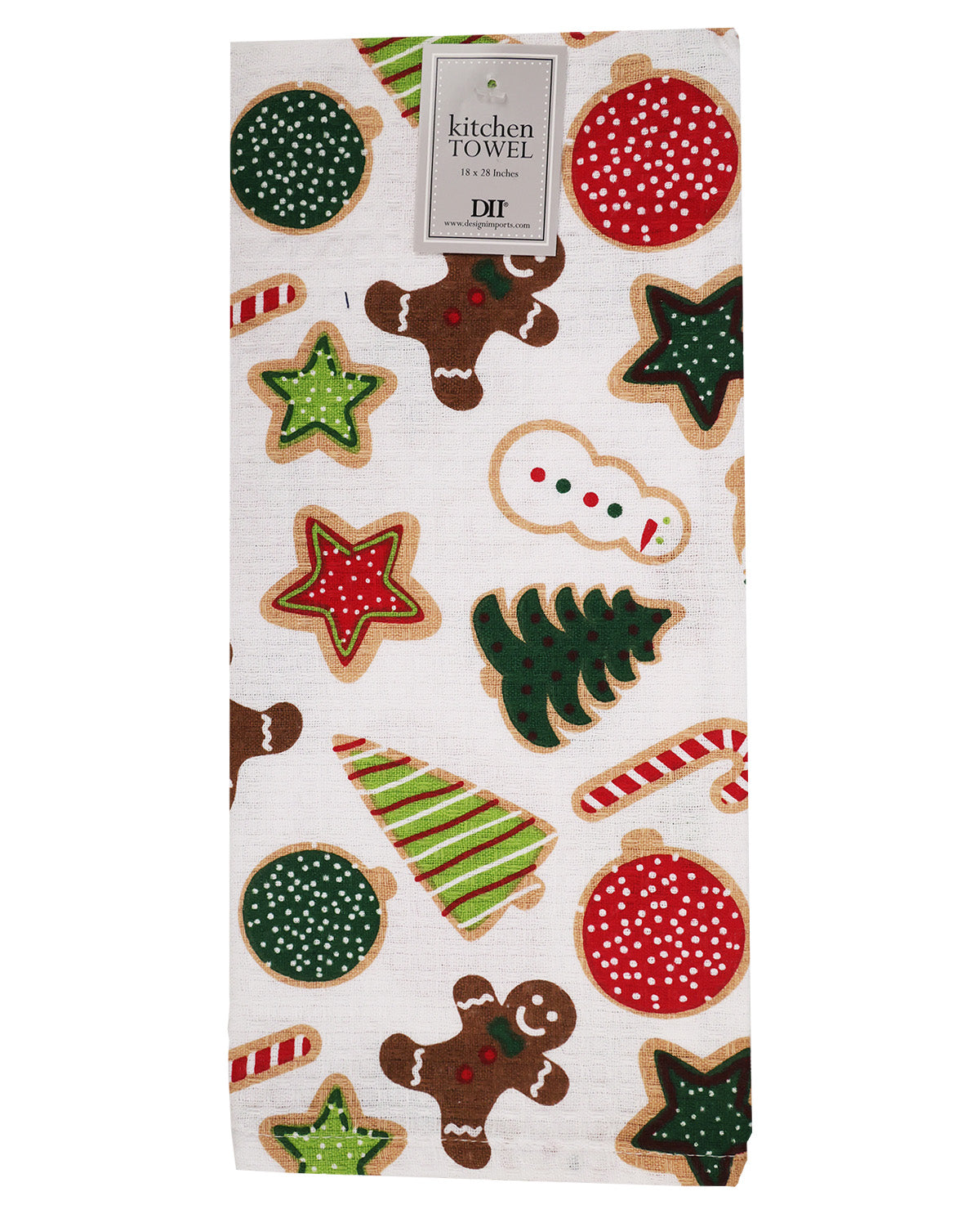 A kitchen towel with a festive Christmas cookie and ornament pattern, featuring gingerbread men, stars, trees, and red and green ornaments on an off-white background. A white paper label at the top reads 'Kitchen TOWEL' and 'DIT'.