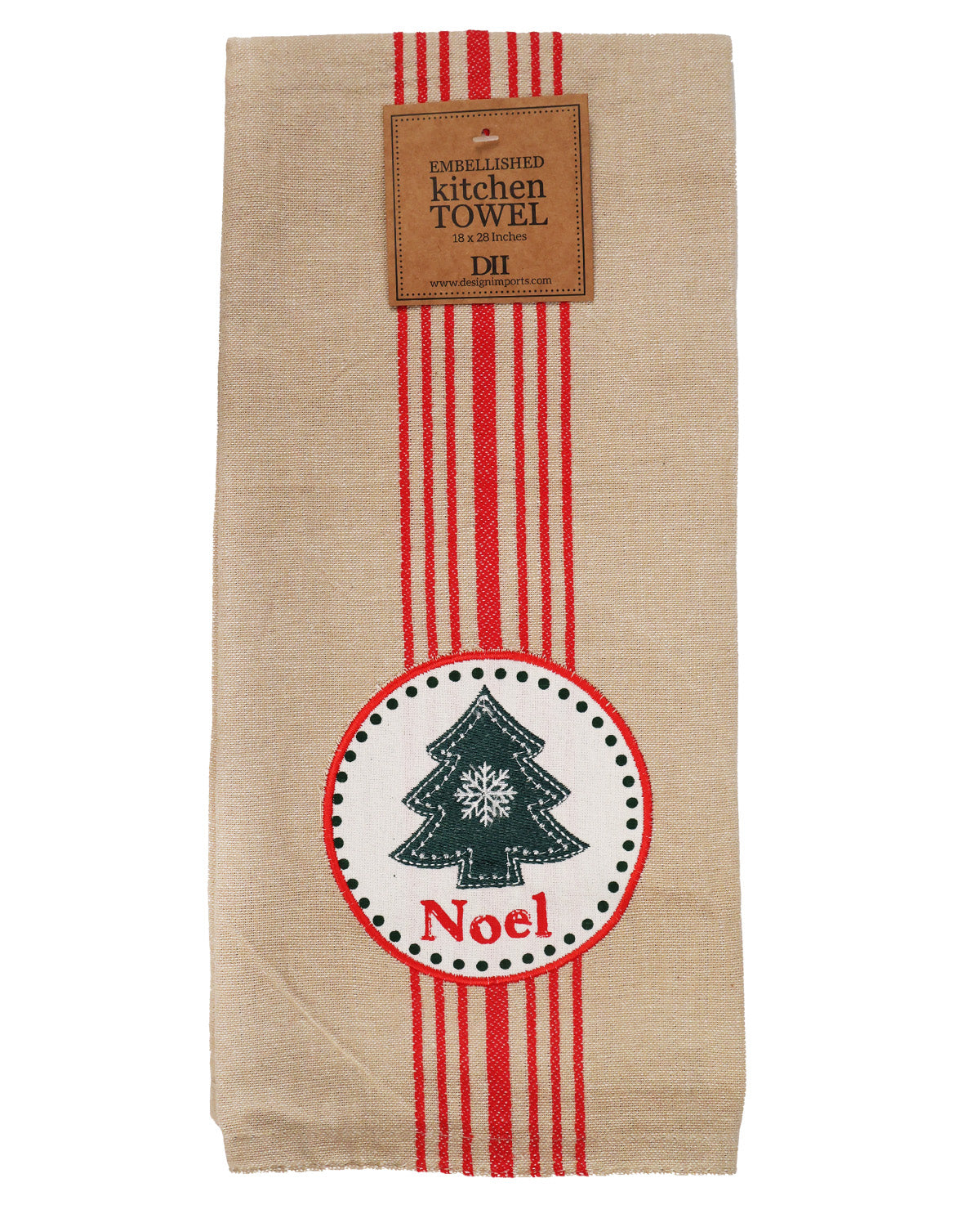 A beige linen kitchen towel with red vertical stripes and a circular embroidered patch featuring a green Christmas tree and the word 'Noel'. A brown leather patch at the top reads 'Embellished kitchen towel by DH'.
