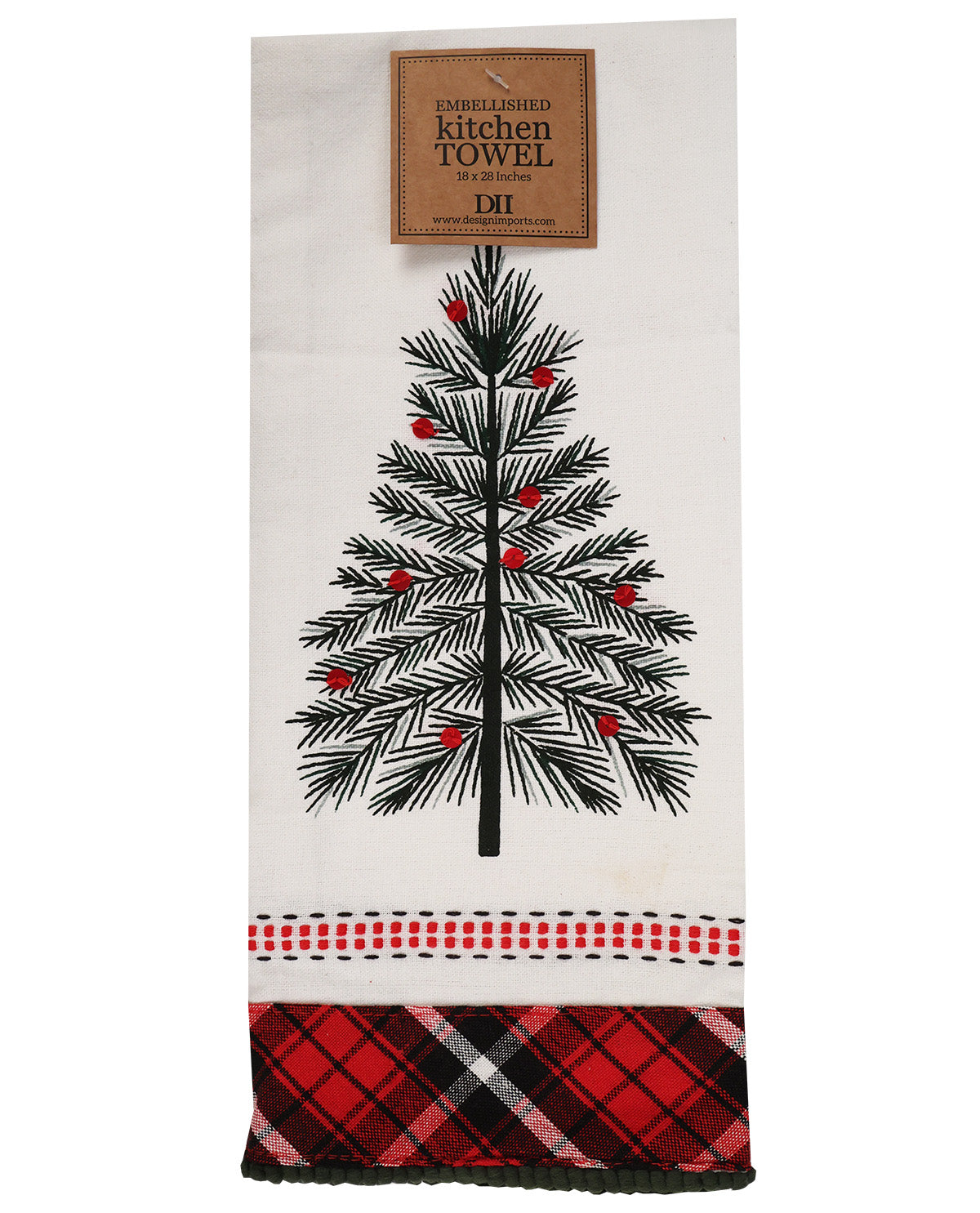 A white kitchen towel featuring a black embroidered Christmas tree with small red ornaments, a red and white dotted stripe, and a red tartan plaid border at the bottom. A brown paper label at the top reads 'Embroidered kitchen towel by DMI'.