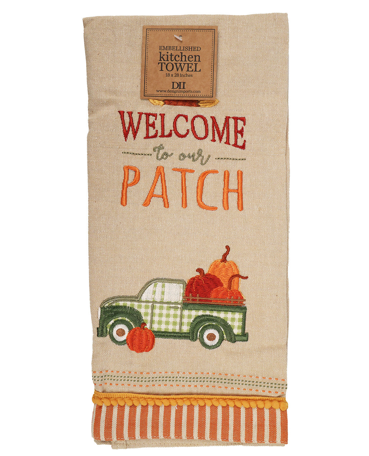 A beige linen kitchen towel featuring embroidered autumn-themed graphics. The design includes the text 'WELCOME to our PATCH' in red and orange, a green and white checkered pickup truck carrying pumpkins, and a striped orange and white fringed hem.