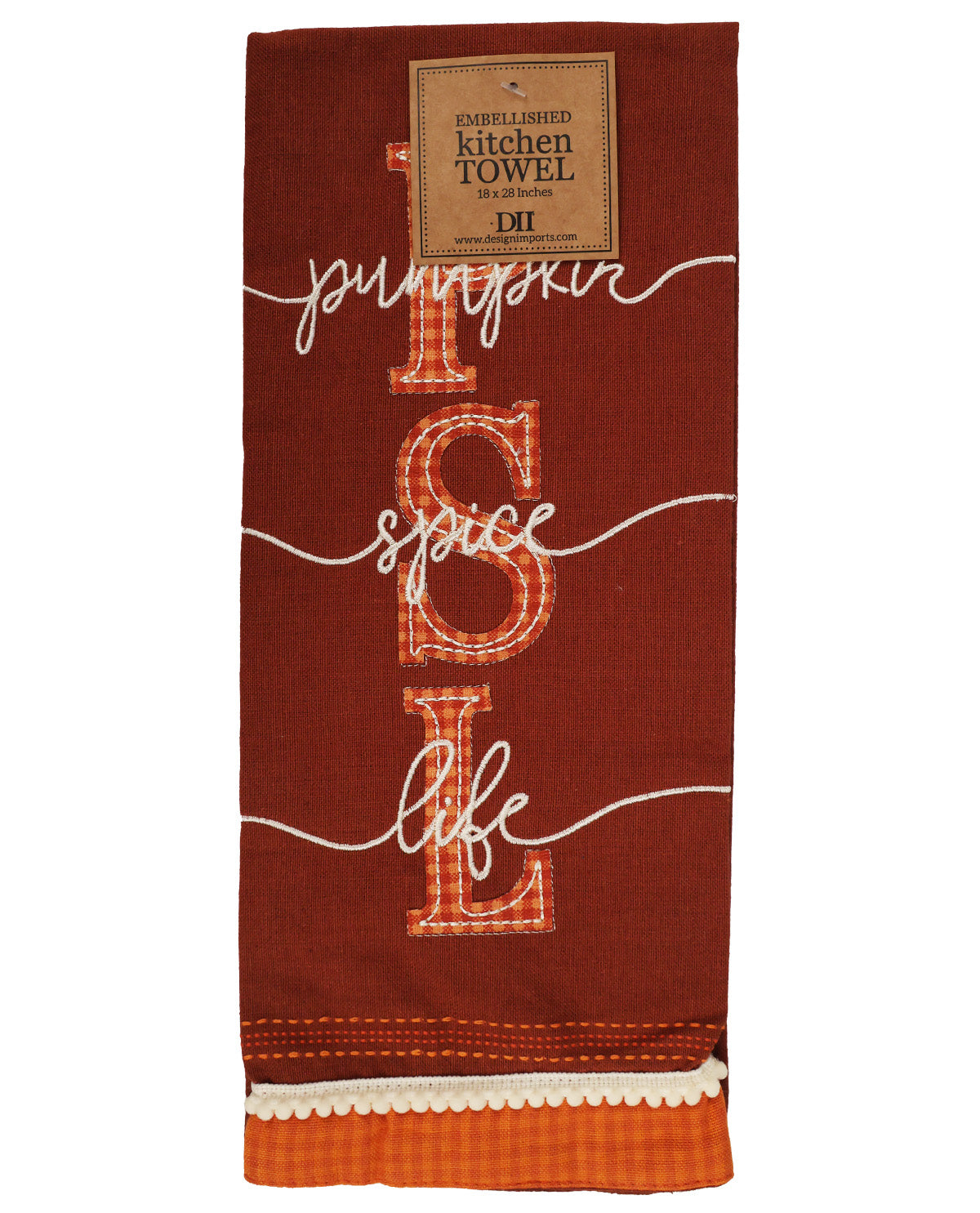 A dark red kitchen towel featuring the word 'PIL' in large orange letters with white script text reading 'pumpkin spice life' across it, finished with an orange and white gingham border.