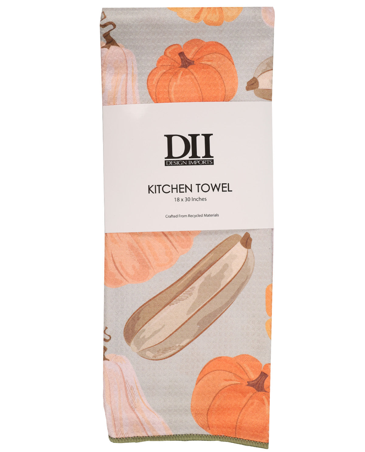 A folded kitchen towel with a fall harvest pumpkin pattern, featuring orange and beige pumpkins on a light gray background with a white paper label in the center.