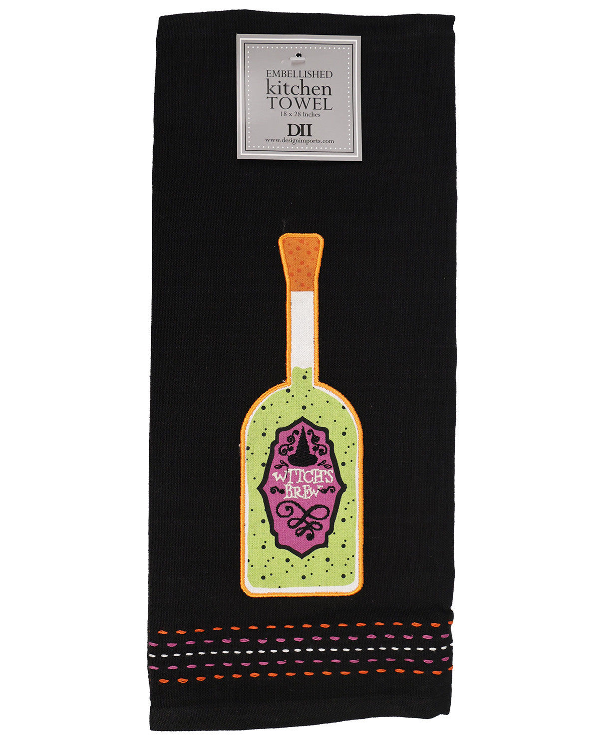 A black kitchen towel featuring a colorful embroidered bottle design with the words 'Whiskey Bottle' and a stitched decorative border at the bottom. The towel has a white DIT brand label at the top.