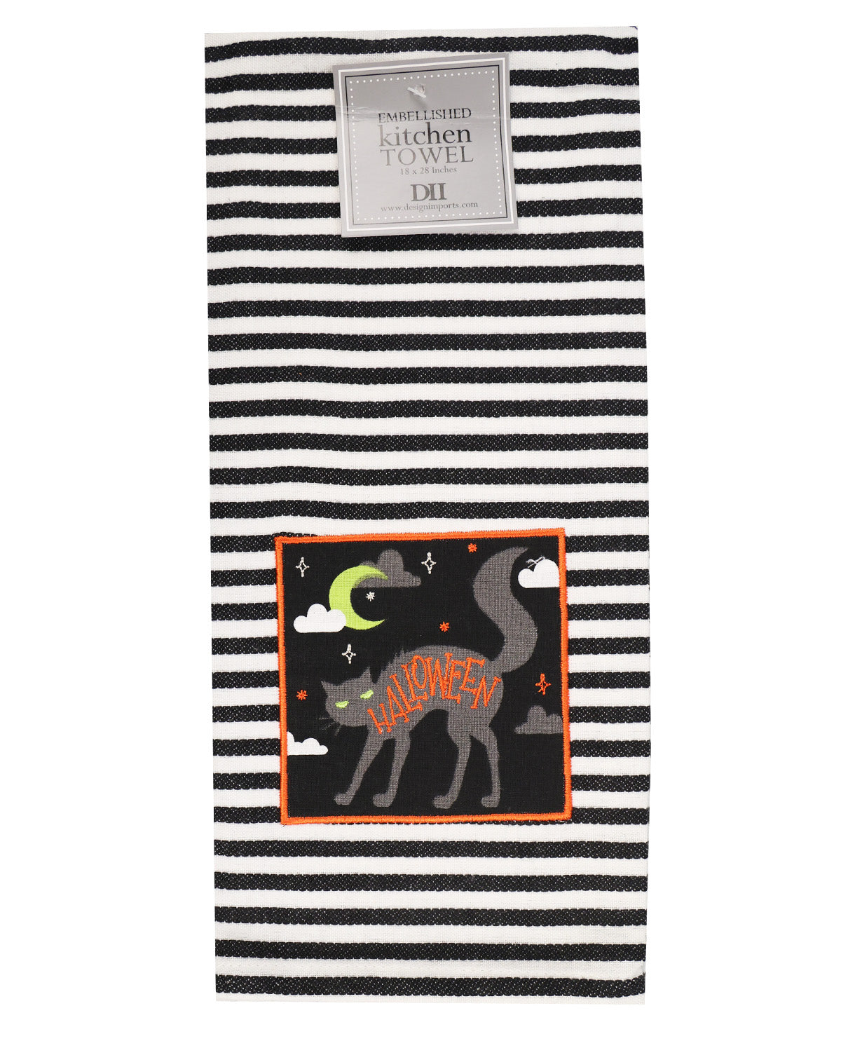A striped kitchen towel with a black and white pattern, featuring a Halloween-themed patch with a gray cat, orange 'HALLOWEEN' text, and a black crescent moon.