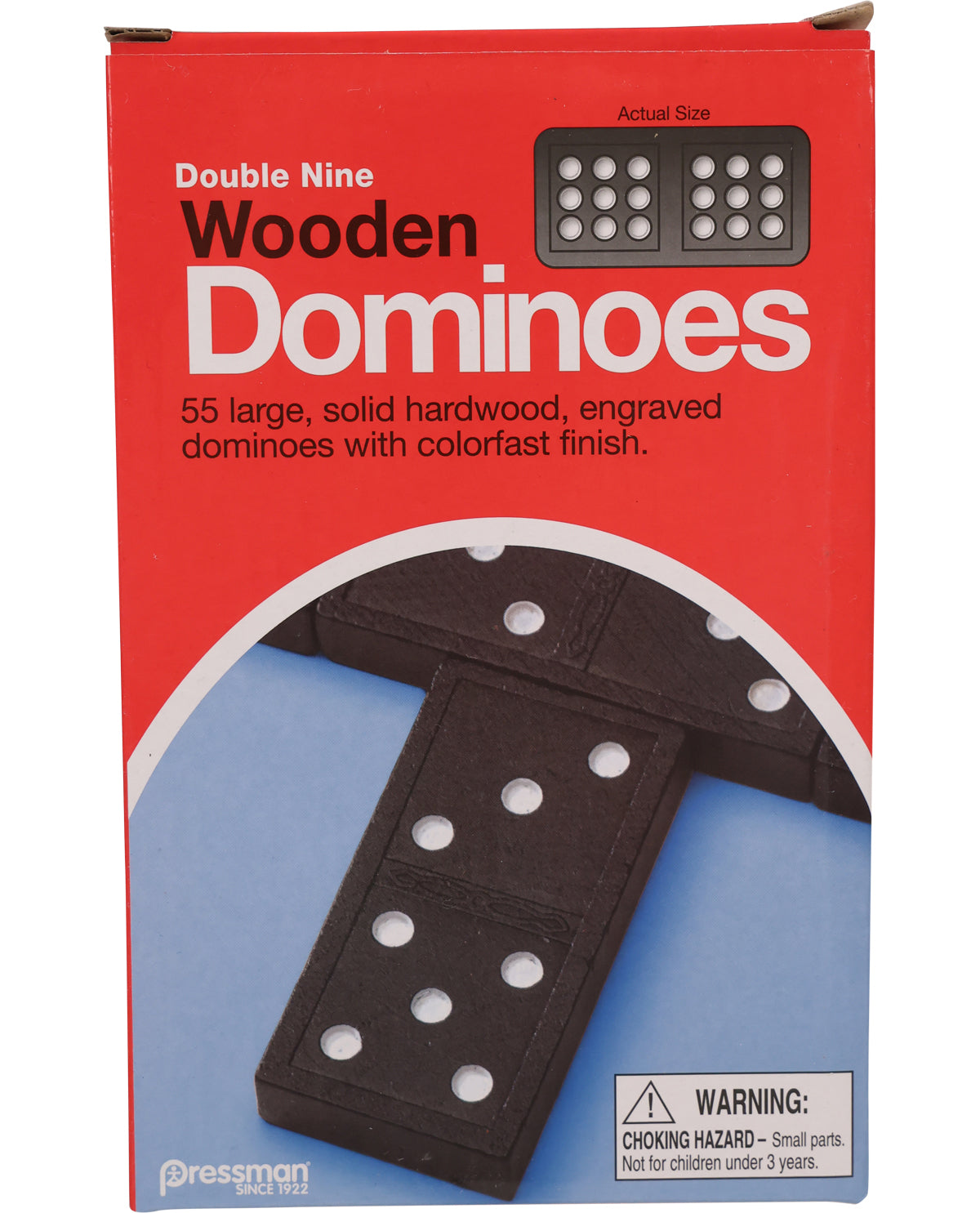 Box of Pressman Double Nine Wooden Dominoes, showing the red retail packaging with a photo of the engraved black dominoes and a warning label.