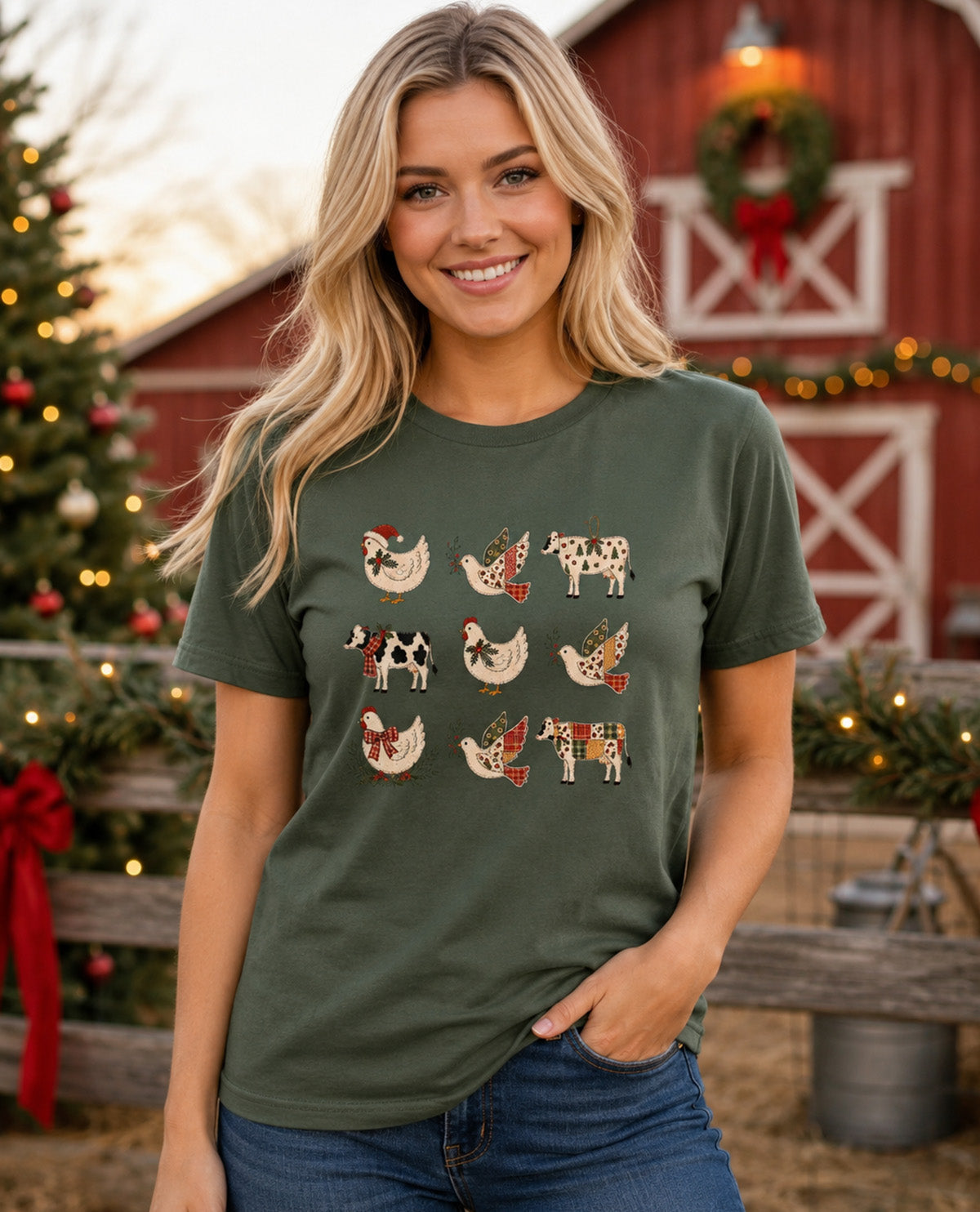 A woman wearing an olive green graphic t-shirt with a Christmas farm-themed print of chickens, cows, and sheep, posed in front of a rustic red barn decorated for Christmas.