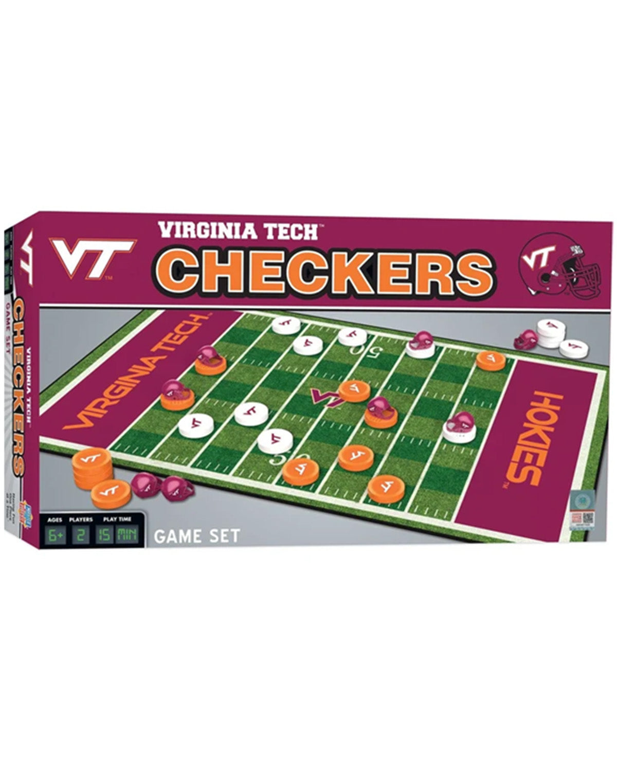Virginia Tech Checkers board game set in its retail box, featuring a football field design with green turf, white yard lines, orange and white checkers, and maroon side panels with team branding.